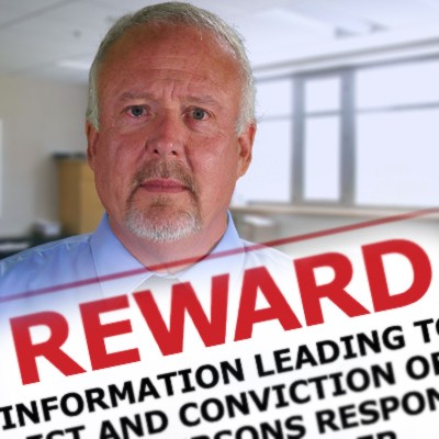 Excerpt of a reward flyer and a Man with receding gray hair and gray mustache and goatee